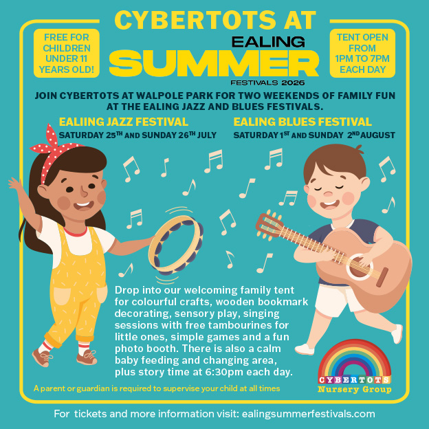 Website popup to advertise that Cybertots will be running a children's activities tent at Ealing Summer Festivals across two weekends in July and August
